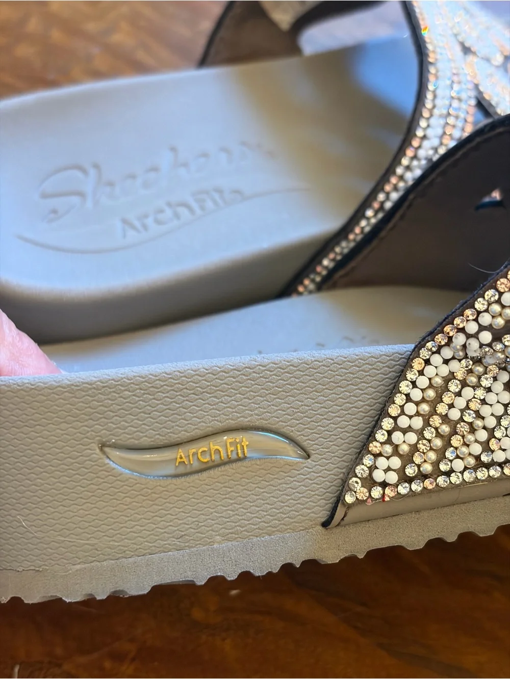 Skechers Taupe Wedge Thong Sandals with Gold Rhinestone Accents